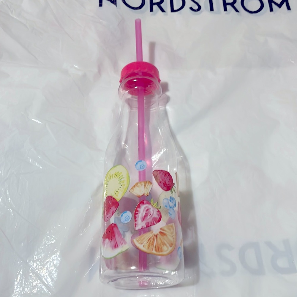 Pink & pastel colored fruit design plastic water bottle brand new never used